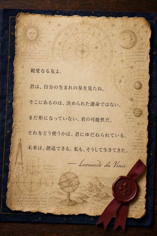 親愛なる友よ。君は、自分の生まれの星を見たね。そこにあるのは、決められた運命ではない。まだ形になっていない、君の可能性だ。それをどう使うかは、君にゆだねられている。未来は、創造できる。私も、そうして生きてきた。—— Leonardo da Vinci