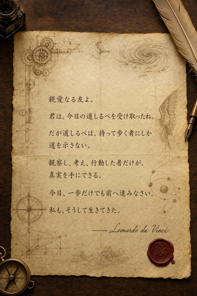 親愛なる友よ。君は、今日の道しるべを受け取ったね。だが道しるべは、持って歩く者にしか道を示さない。観察し、考え、行動した者だけが、真実を手にできる。今日、一歩だけでも前へ進みなさい。私も、そうして生きてきた。—— Leonardo da Vinci