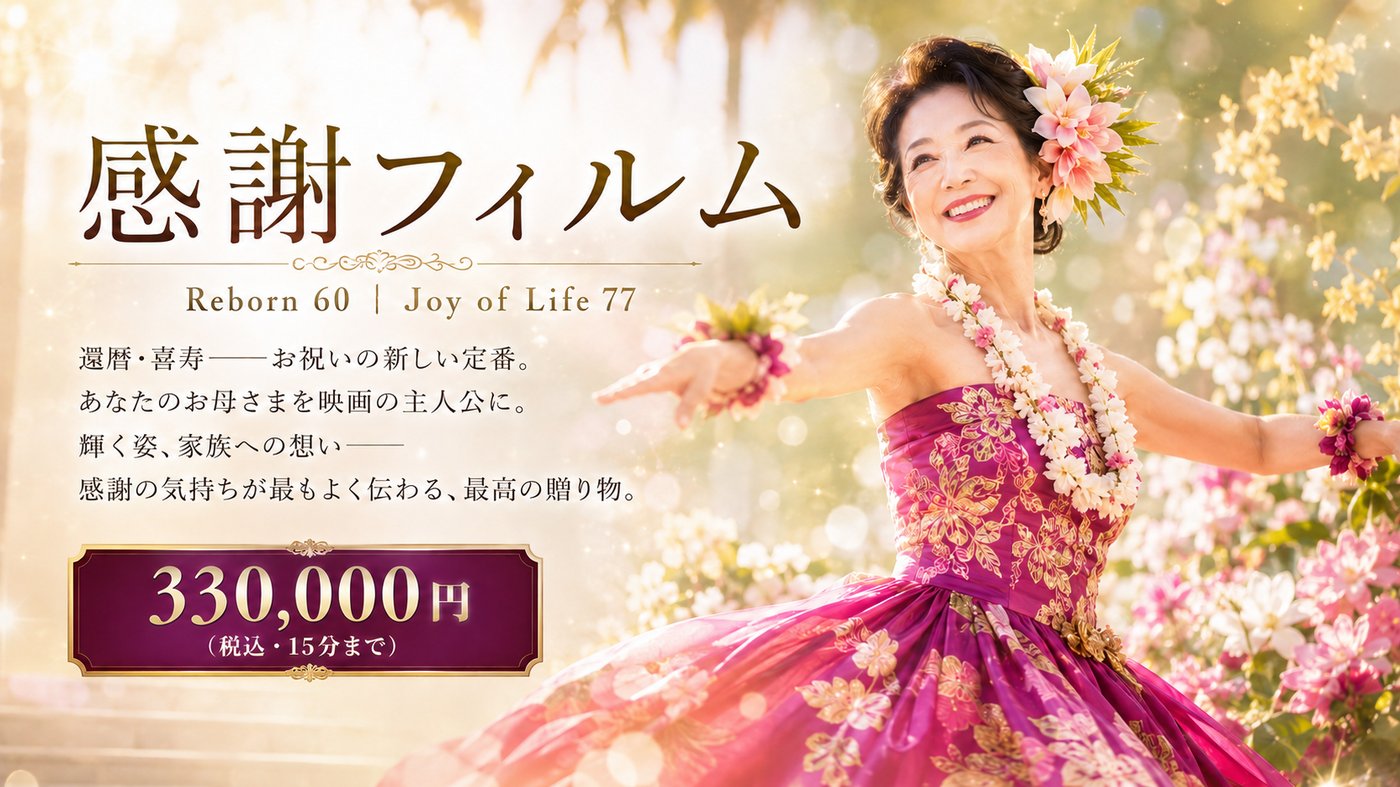 感謝フィルム——Reborn 60|Joy of Life 77。還暦・喜寿、お祝いの新しい定番。あなたのお母さまを映画の主人公に。税込330,000円(15分まで)