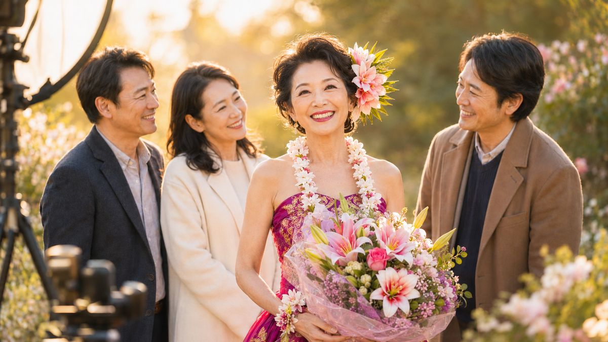 花束を受け取る主役の女性のアップ